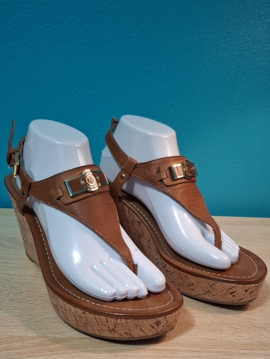 Tommy Hilfiger Shoes - Tommy Hilfiger Monor Tan Leather Cork Wedge Sandals with Gold Hardware
